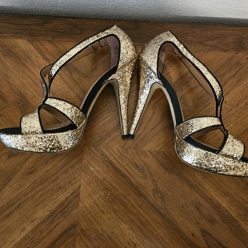 ELLE PLATFORM STRAPPY SANDALS BLACK/GOLD SEQUIN SIZE 7M - Picture 4 of 5